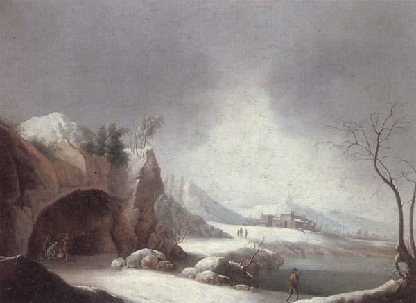 unknow artist A winter landscpae with travellers gathered aroubnd a fire in a grotto,overlooding a lake,a monastery beyond oil painting picture
